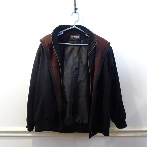 90's HERMAN KAY Bib-Jacket Wool-Blend Coat Winter Hood Size 8P Black Brown - Picture 1 of 8